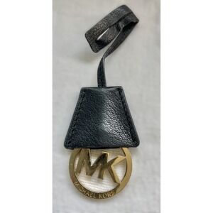 Michael Kors MK Logo Gold-Toned w Black Leather Bag Charm Purse Handbag Bag Tag